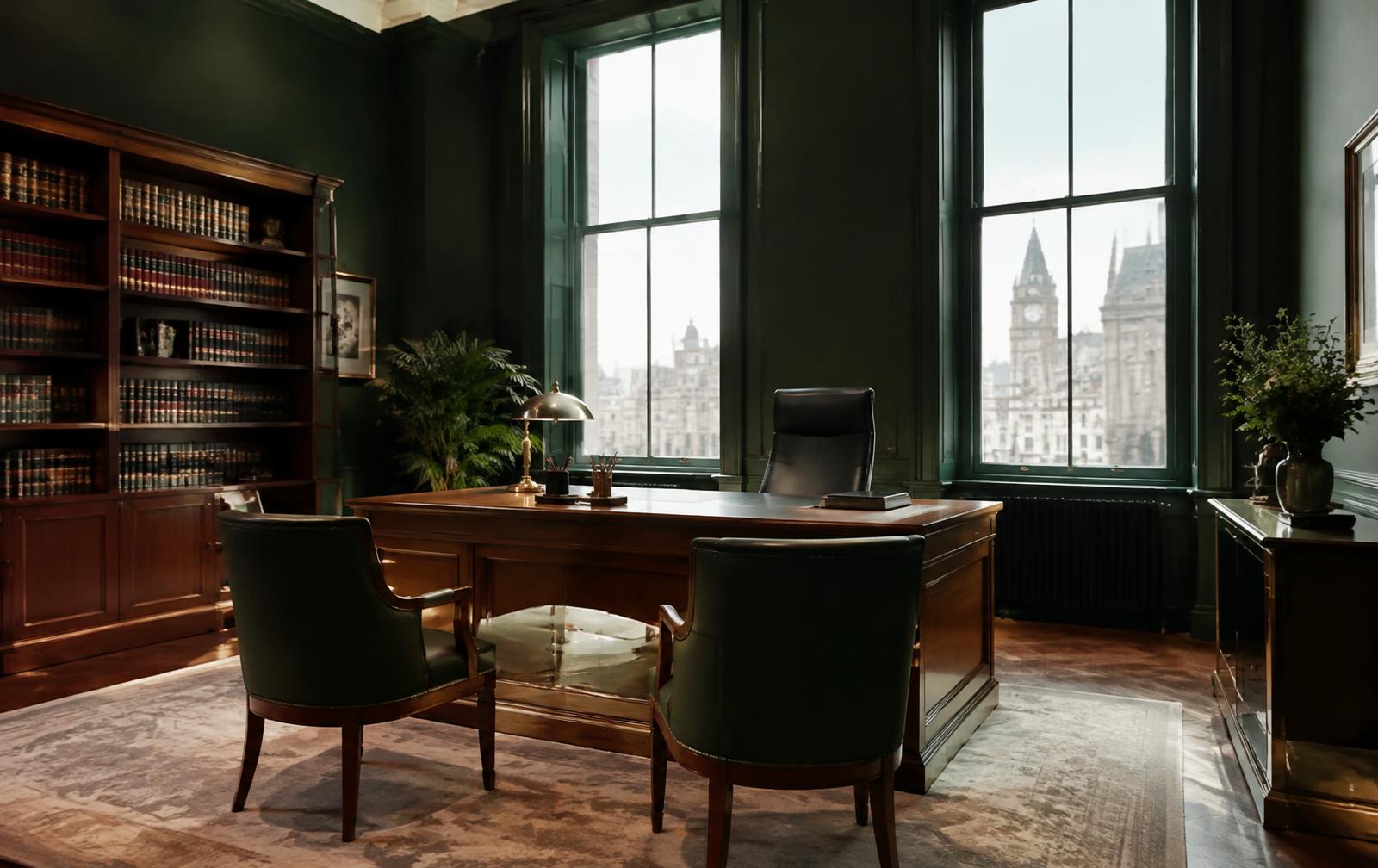A green-panelled office with a walnut desk and law books